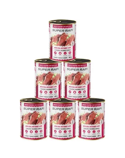 SUPER RAFI Pate cu vitel si ficat de iepure 6x400 g pentru caini adulti