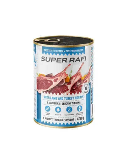 SUPER RAFI Pate cu miel si inimi de curcan 400 g pentru caini adulti