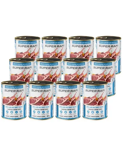 SUPER RAFI Pate cu miel si inimi de curcan 12x400 g pentru caini adulti