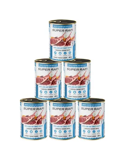 SUPER RAFI Pate cu miel si inimi de curcan 6x400 g pentru caini adulti