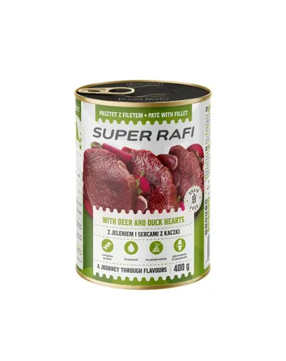 SUPER RAFI Pate cu cerb si inimi de rata 400 g pentru caini adulti