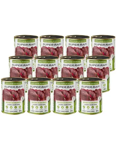 SUPER RAFI Pate cu cerb si inimi de rata 12x400 g pentru caini adulti