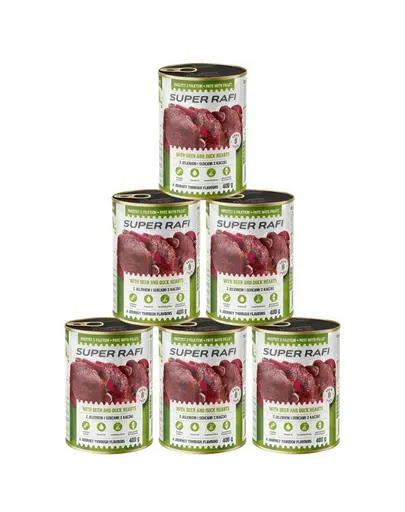 SUPER RAFI Pate cu cerb si inimi de rata 6x400 g pentru caini adulti
