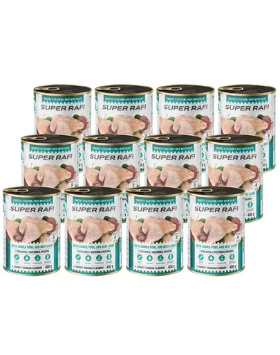 SUPER RAFI Pate cu bibilica si ficat de vita 12x400 g pentru caini adulti