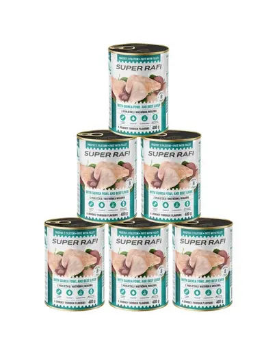SUPER RAFI Pate cu bibilica si ficat de vita 6x400 g pentru caini adulti