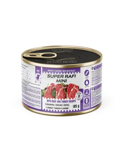 SUPER RAFI Mini cu vita si inimi de curcan 185 g hrana umeda pentru caini de talie mica