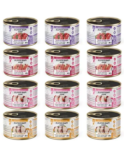 SUPER RAFI Mini Mix 4 Arome 12x185g hrana umeda pentru caini de rase mici