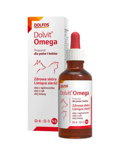 Supliment pentru caini si pisici cu cadere excesiva a blanii DOLFOS Dolvit Omega 50 ml cu Omega-3 si Omega-6