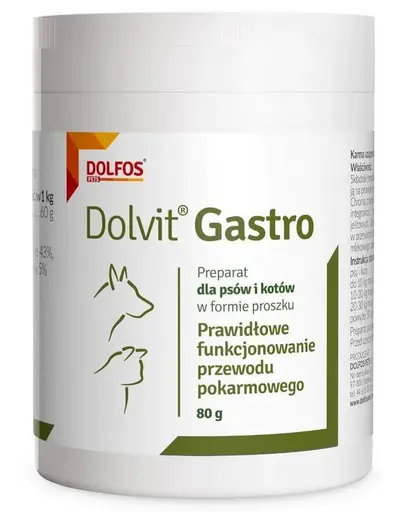 Supliment digestiv pudra pentru caini si pisici cu sensibilitate intestinala DOLFOS Dolvit Gastro 80 g cu acid butiric si inulina