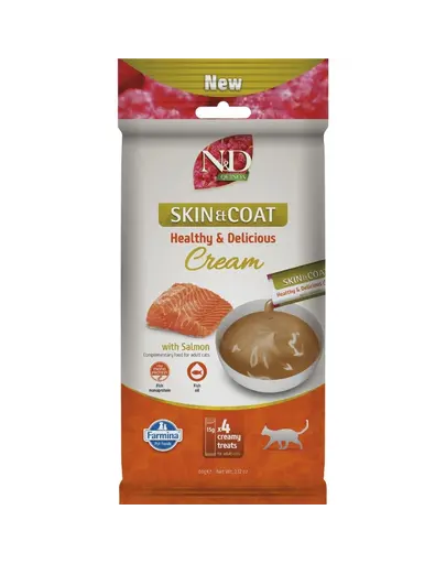 Recompensa cremoasa cu somon FARMINA N&D Quinoa Skin & Coat 4x15 g pentru pielea si blana pisicilor adulte
