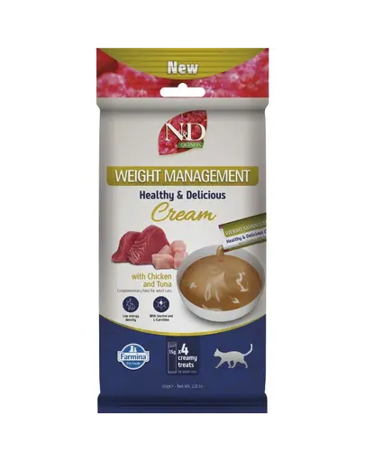 Snack cremos pisici adulte cu tendinta de ingrasare FARMINA N&D Quinoa Weight Management 4x15 g cu pui si ton