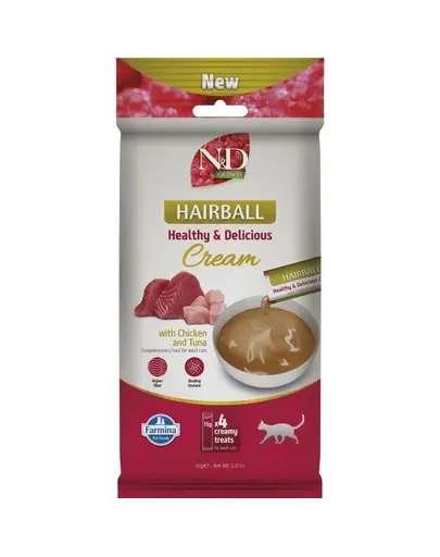 Gustare cremoasa anti-ghemotoace pentru pisici adulte FARMINA N&D Quinoa Hairball 4x15 g cu pui si ton