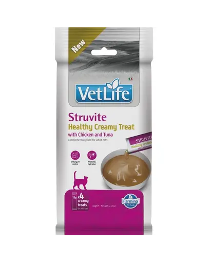 Snack cremos pisici adulte cu dieta pentru struviti FARMINA Vet Life Struvite 4x15 g cu pui si ton