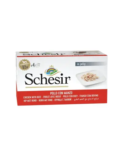 Hrana umeda caini mici Schesir pui cu vita in jeleu 4x85 g