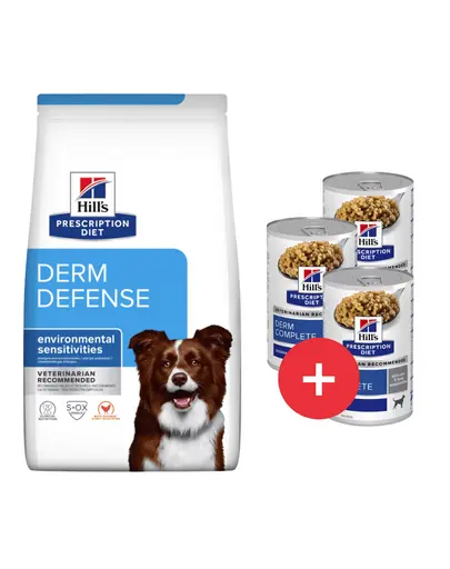 HILL'S Prescription Diet Canine Derm Defense 12 kg pentru caini cu alergii + 3 conserve GRATIS