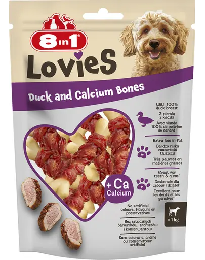 8IN1 Delicii (Lovies) cu rata si oase cu calciu 80 g recompensa pentru caini, oase din calciu invelite in carne de rata.