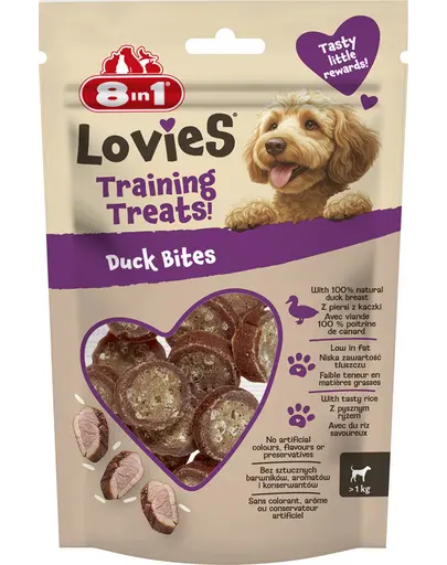 8IN1 Lovies Training Treats Duck Bites 90 g recompense pentru dresaj cu rata si orez pentru caini