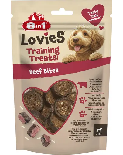 8in1 Lovies Training Treats Beef Bites 90 g recompense pentru dresaj pentru caini cu carne de vita si orez