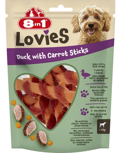 8IN1 Lovies Duck & Carrot Sticks 80 g gustare pentru caini, batoane cu rata si morcov