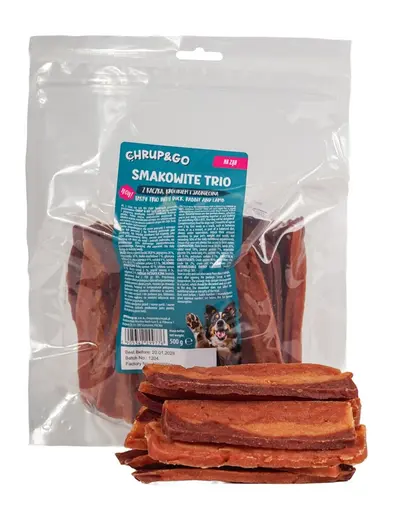 CHRUP&GO Trio gustos cu rata, iepure si miel 500 g gustare pentru caini