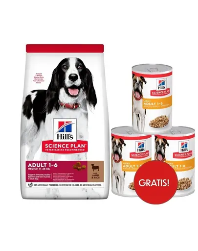 HILL'S Science Plan Canine Adult Medium Lamb & Rice 18 kg hrana caini talie medie, miel si orez + 3 conserve GRATIS