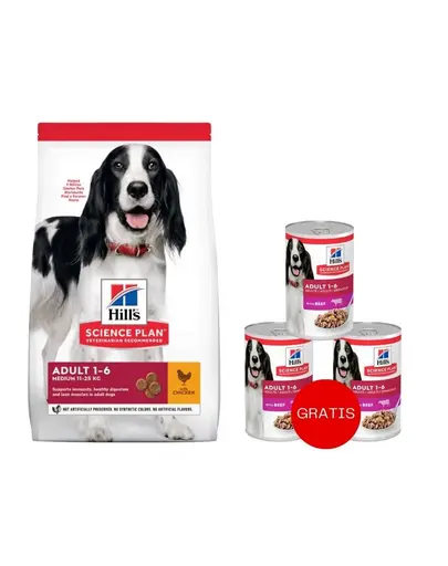 HILL'S Science Plan Adult Medium hrana caini talie medie, cu pui 14 kg + 3 conserve GRATIS