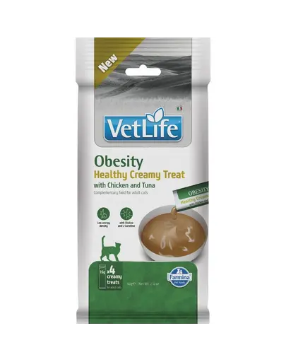 Recompensa cremoasa pisici adulte supraponderale FARMINA Vet Life Obesity 4x15 g cu pui si ton