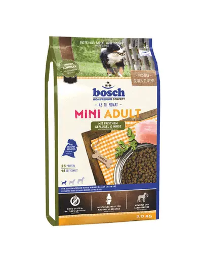 BOSCH Mini Adult hrana uscata caini adulti de talie mica, cu pasare si mei 3 kg