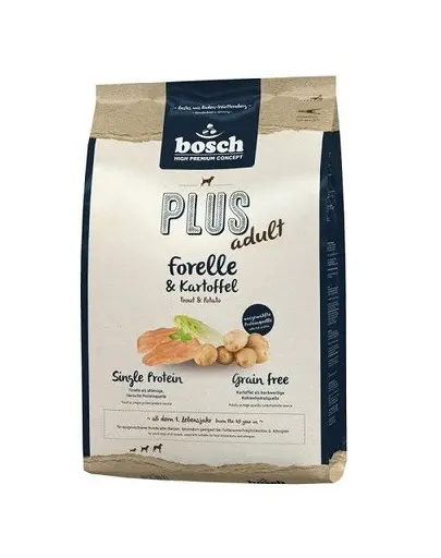BOSCH Plus Hrana uscata caini adulti cu sensibilitati, cu pastrav si cartofi 1 kg