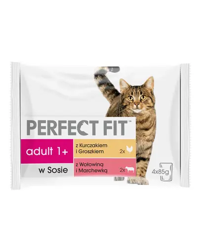 PERFECT FIT Adult plic pisica 4x85g hrana umeda in sos cu pui si mazare, vita si morcovi