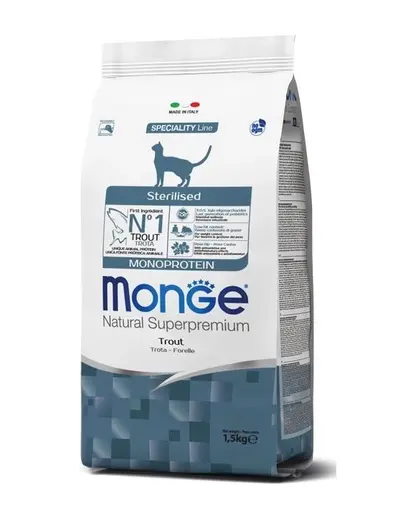 MONGE Monoprotein Cat Sterilised Hrana uscata pisici sterilizate, cu pastrav 400 g