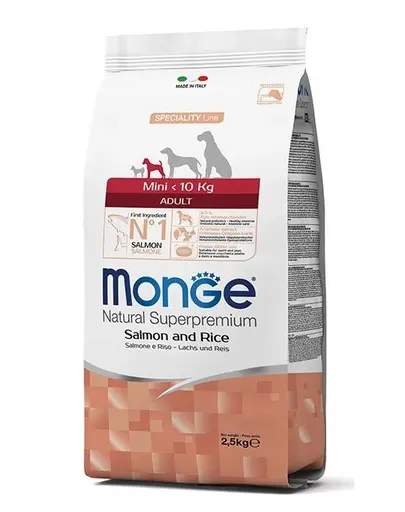 MONGE Mini Adult hrana uscata pentru caini de talie mica, cu somon si orez 2,5 kg