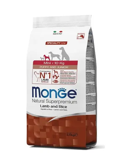 MONGE Mini Puppy&Junior hrana uscata pentru catelusi de talie mica, cu miel si orez 2,5 kg
