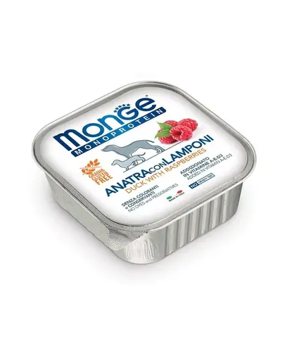MONGE Fruit Dog Monoprotein hrana umeda pentru Caini, cu rata si zmeura 150 g