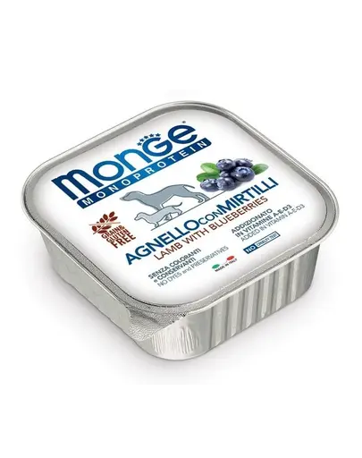 MONGE Fruit Dog Monoprotein hrana umeda pentru caini, cu miel si afine 150 g