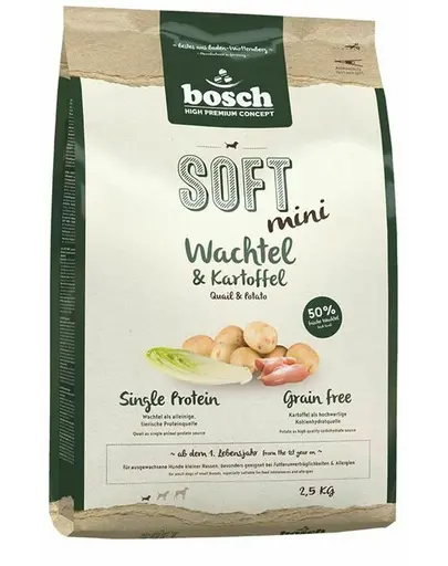 BOSCH Soft Mini Hrana uscata pentru caini de rase mici cu prepelita si cartofi 2,5 kg + recompense biscuit cu carne de strut si vanilie 300 g