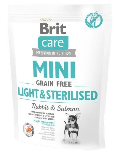 BRIT Care Grain Free Mini Light&Sterilised hrana uscata caini adulti talie mica cu tendinta de ingrasare, somon si iepure 400g
