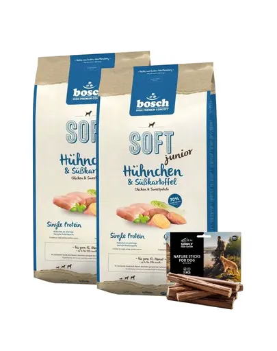 BOSCH Soft Junior Hrana uscata cu pui si cartofi dulci pentru cainii junior 2 x 12,5 kg + recompense sticks 7 buc