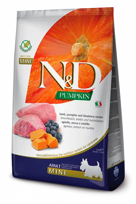 ND Pumpkin Grain Free Mini Adult, Miel si Afine, 7 kg