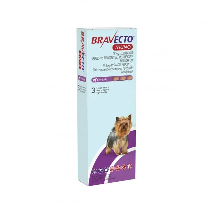 BRAVECTO TRIUNO antiparazitar intern si extern pentru caini 25mg (1.27-2.5kg) - 1 tableta masticabila