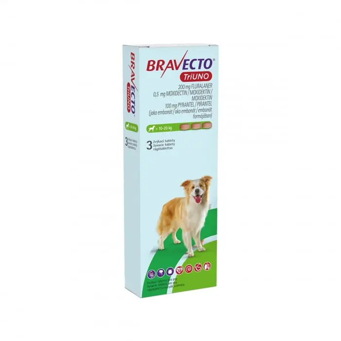 BRAVECTO TRIUNO antiparazitar intern si extern pentru caini 200mg (10-20 kg) - 1 tableta masticabila