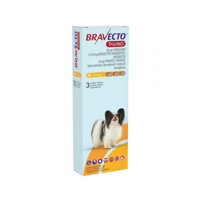 BRAVECTO TRIUNO antiparazitar intern si extern pentru caini 50mg (2.5-5 kg) - 1 tableta masticabila