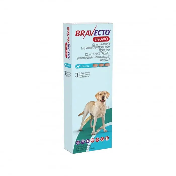 BRAVECTO TRIUNO antiparazitar intern si extern pentru caini 400mg (20-40 kg) - 3 tablete masticabile