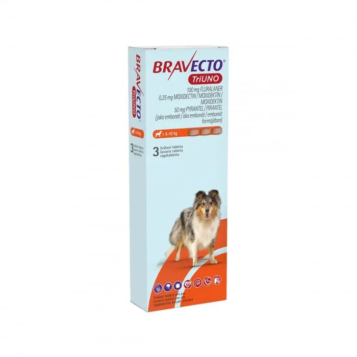 BRAVECTO TRIUNO antiparazitar intern si extern pentru caini 100mg (5-10 kg) - 3 tablete masticabile