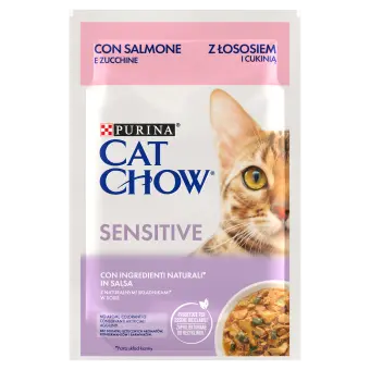CAT CHOW SENSITIVE, Somon si Dovlecei, hrana umeda pentru pisici 1x85 g