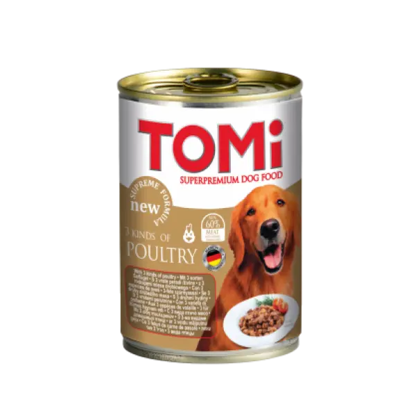 Conserva hrana umeda Tomi caine cu 3 feluri de pasare, 400 g
