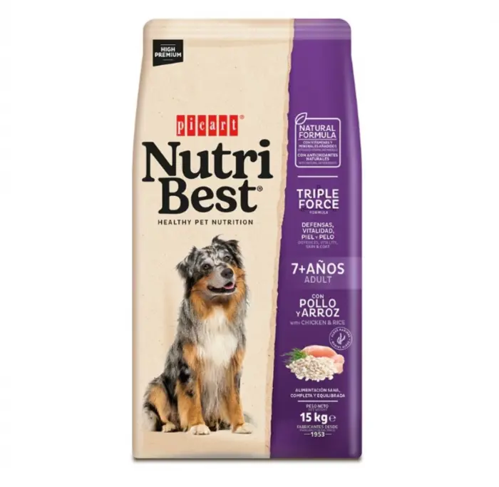 Hrana uscata premium pentru caini Nutribest Adult 7+, Pui si Orez, 15 Kg