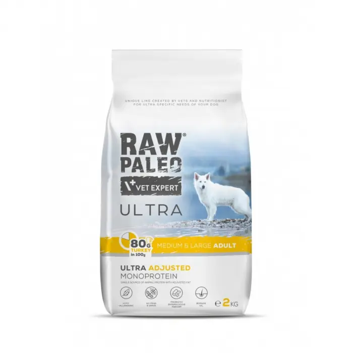 Hrana uscata pentru caini Raw Paleo Ultra Turkey Medium  Large Adult 2kg