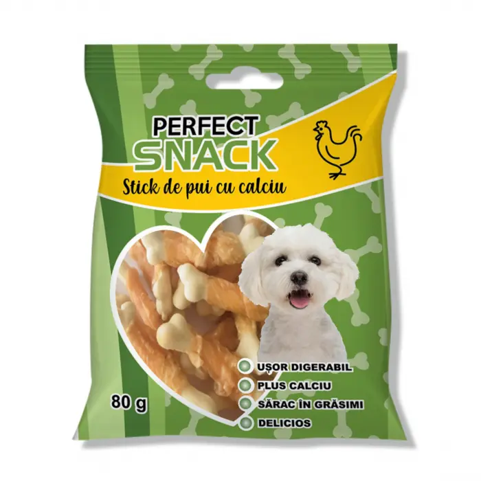 Perfect Snack, recompense delicioase pentru caini,  Stick de pui si calciu,   80 g