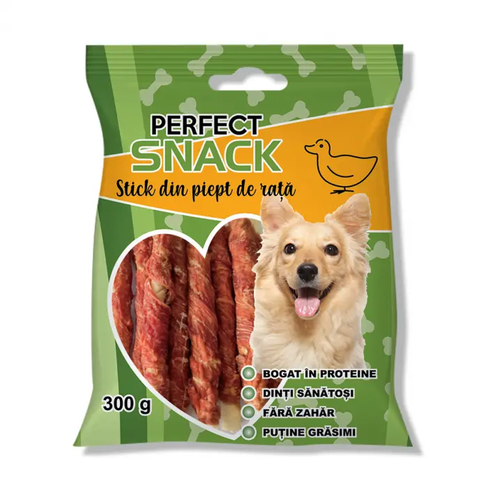 Perfect Snack, recompense delicioase pentru caini, Stick din piept de rata,   300 g